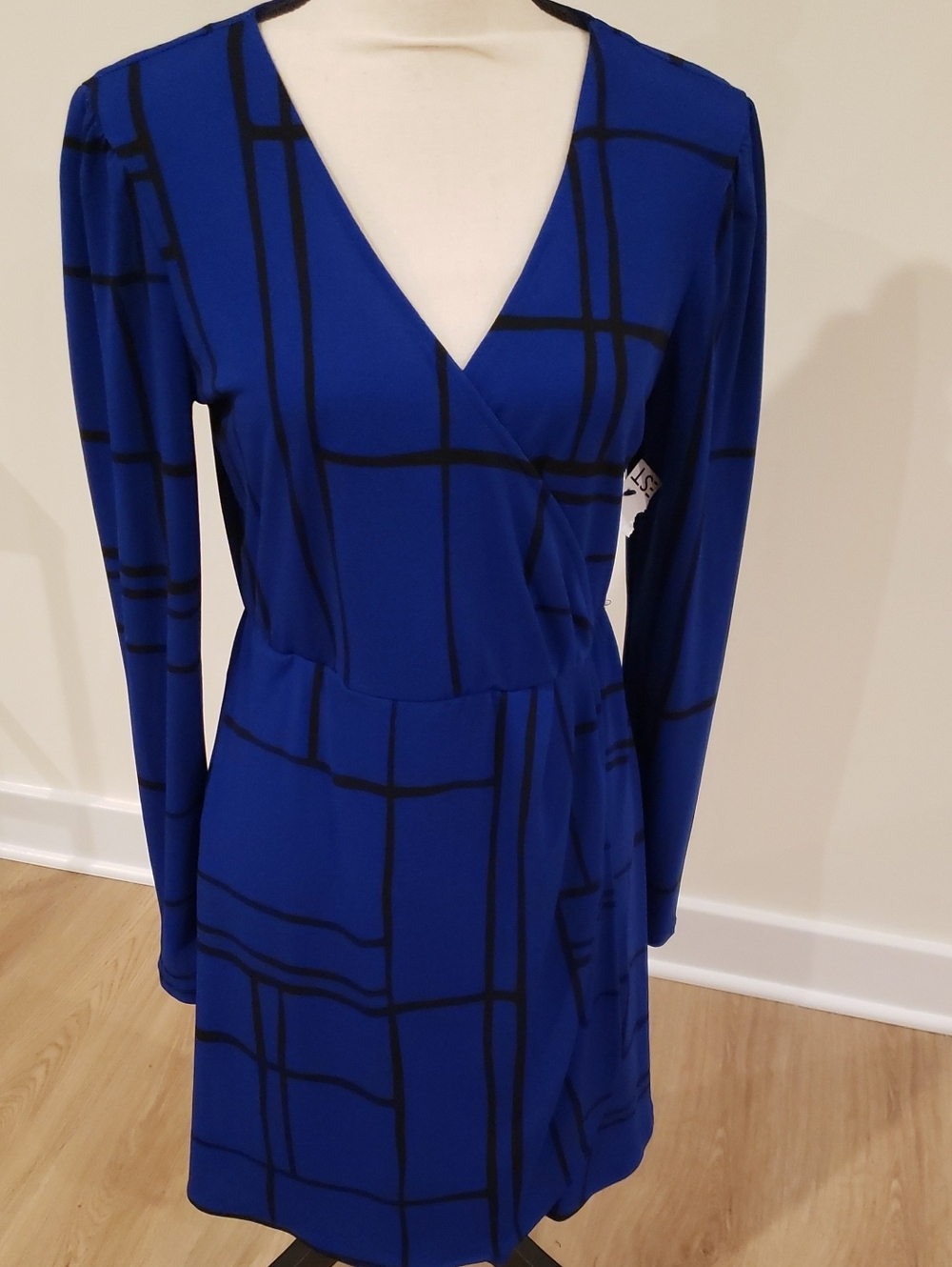 NEW Nine West Royal Blue Long-Sleeve Windowpane Faux Wrap Dress